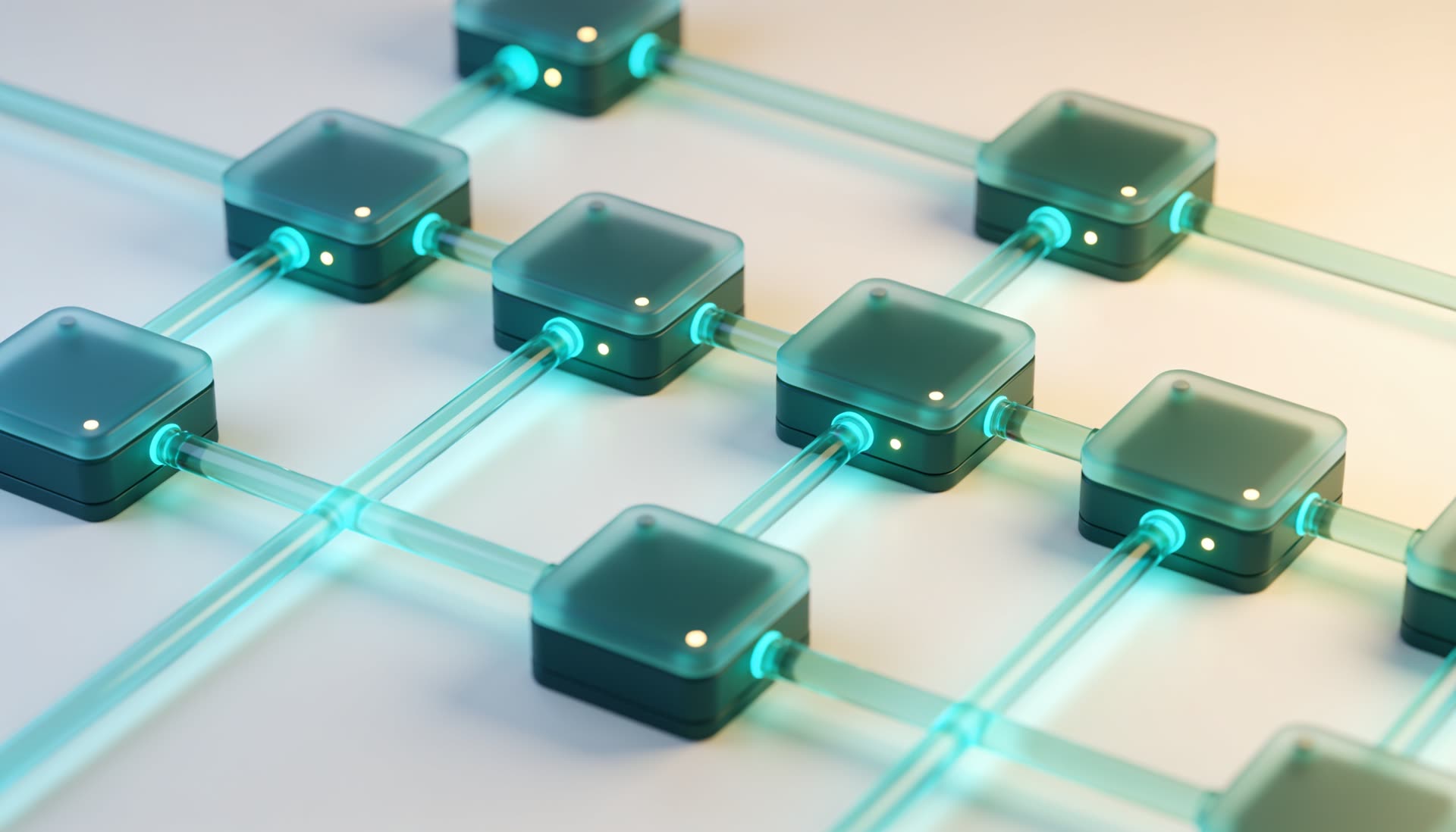 Abstraktes 3D-Render: verglaste Petrol-Module, durch leuchtende Datenströme zu einem Workflow-Netz verbunden